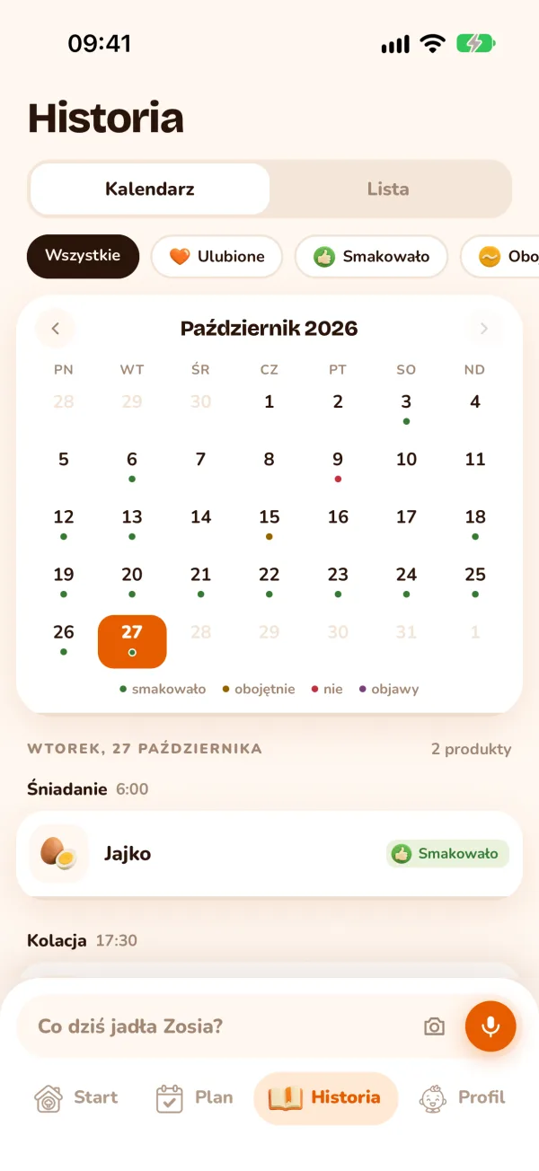 Historia w widoku kalendarza z ocenami i posiłkami dnia