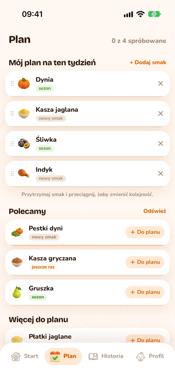 Zakładka Plan: mój plan na ten tydzień i polecane smaki na dziś