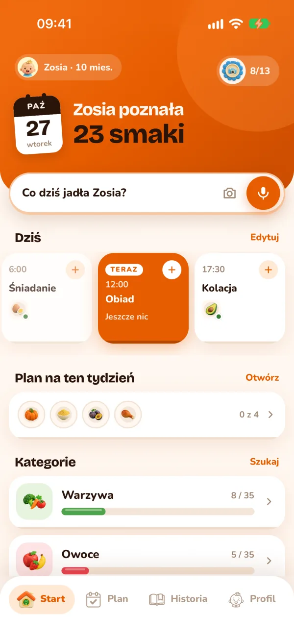 Ekran Start: liczba poznanych smaków, dzisiejsze posiłki, plan na tydzień i kategorie
